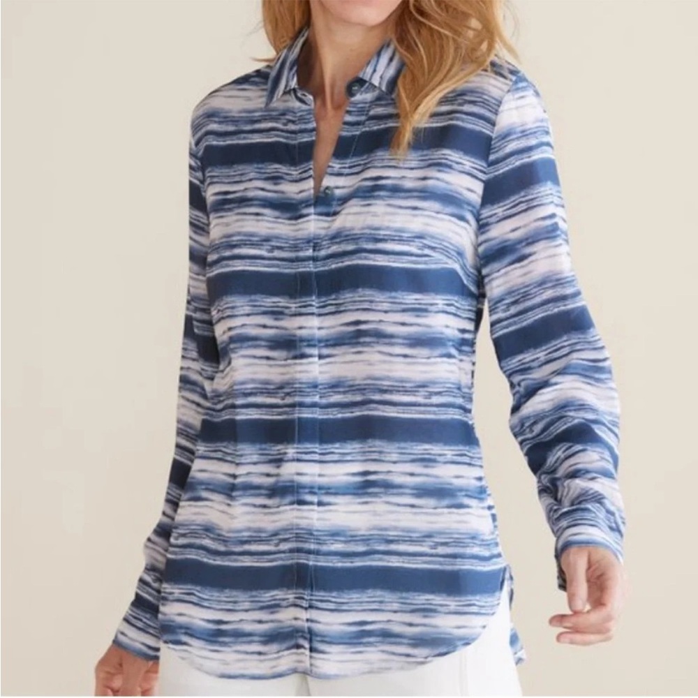 Soft Surroundings Palm Coast Blue White Striped Button Down Shirt Women’s Medium